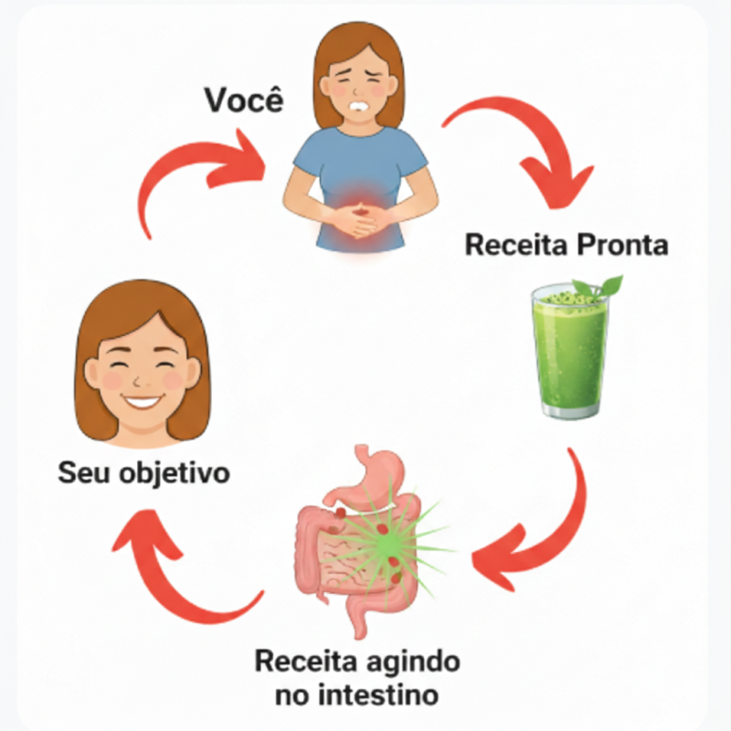 Como funciona o protocolo: Você → Receita Pronta → Receita agindo no intestino → Seu objetivo